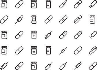 Medical icons collection representing syringes, pills, bottles, and pharmaceutical products.