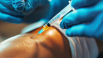Medical professional administering injection to patient’s leg with a syringe while wearing gloves in a clinical setting