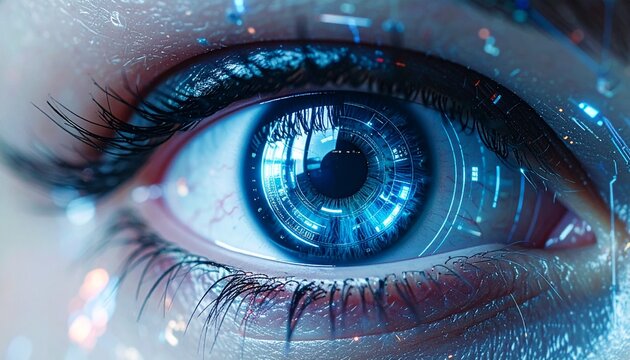 A macro shot of a cybernetic eye, where a luminous blue pupil reveals a world of digital information and advanced analytics