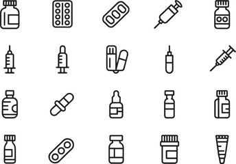 Medical icons collection representing syringes, pills, bottles, and pharmaceutical products.