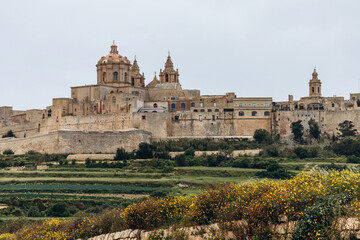 Fototapeta premium View of Mdina, the ancient fortified city on a hilltop, with baroque domes, stone walls, and the surrounding Maltese countryside