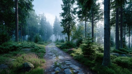 Obraz premium Mystical Forest Trail with Mist and Sunlight Streaming Through Green Trees a Cobblestone Path Leading into the Distance Cinematic HDR Nature