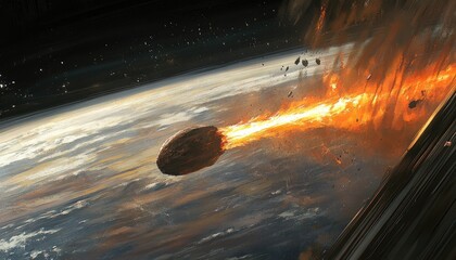 Asteroid impact, fiery debris, space