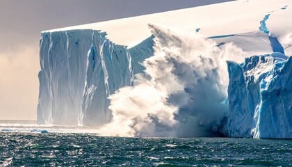 Massive iceberg calving event captured as a colossal chunk breaks away into the ocean, creating a spectacular splash