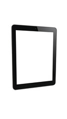 A black tablet computer with a blank white screen, angled slightly, is shown against a black background