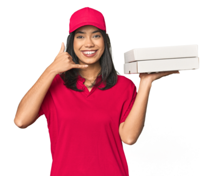 Latina pizza deliverywoman gesturing a phone call - Powered by Adobe