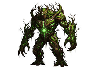 A formidable, tree-like creature, covered in vibrant green and brown, stands against a stark black background.