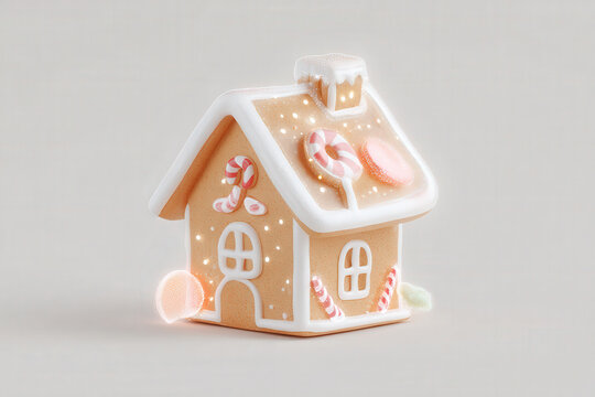 gingerbread house adorned with virtual projections of colorful sweets featuring transparent candy designs