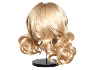   Long Curly Blonde Wig on Invisible Stand, Angled Perspective, Isolated