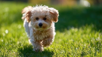 Playful Puppy's Sunny Stroll: A fluffy puppy joyfully dashes across a vibrant green lawn, radiating with pure happiness. It's a perfect day for outdoor fun and carefree play.