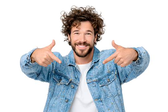 Smiling Man in Denim Jacket Pointing Downward Presentation Isolated. Ai Generated Images