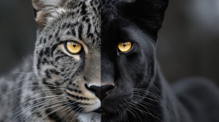 Obraz premium Dichotomous Big Cat: A striking artistic split portrait showcasing the contrast between the spotted leopard and the sleek black panther, embodying duality and power.