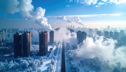 Aerial shot of a snow-covered city, plumes of smoke rising against a blue sky, trees covered in white. An urban, winter landscape