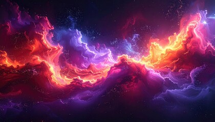 Colorful nebula cloudscape fiery red, violet, blue, and yellow hues swirling in a vibrant celestial display against a dark, starry backdrop