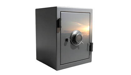 A metallic grey safe, reflecting a sunset, features a combination lock and sturdy hinges against a black background
