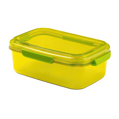 Bright yellow, clear plastic food container with lime green handles