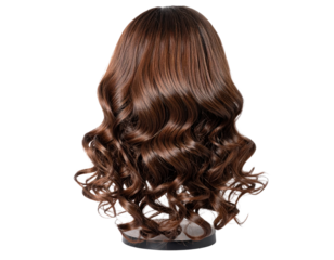 Long Curly Brown Wig on Invisible Stand, Angled Perspective, Isolated