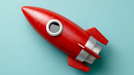 Red toy rocket on a teal background.