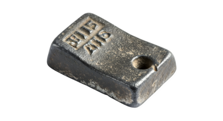 Closeup of a vintage lead weight used for weighing scales isolated on transparent background, showcasing its weathered texture and historical significance