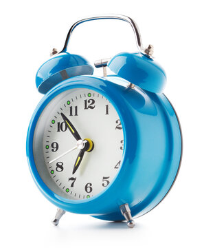 Blue alarm clock on white background