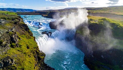 A breathtaking aerial view showcases a powerful waterfall cascading into a turquoise river, surrounded by lush greenery and rugged cliffs