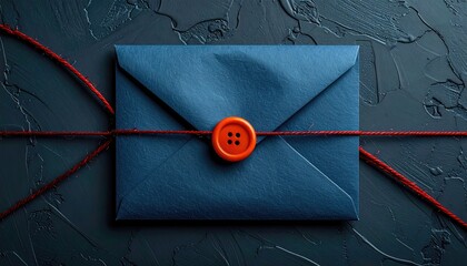 A dark blue envelope is secured with red twine and a button-shaped seal, all on textured gray surface