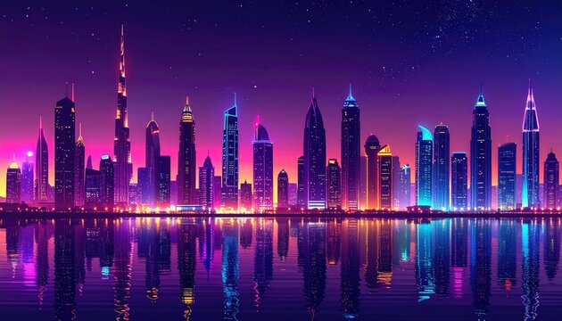 A vividly-colored city skyline is reflected in calm water under a deep purple night sky, featuring numerous skyscrapers and bright illumination - Powered by Adobe