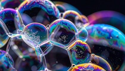 Iridescent soap bubbles cluster closely