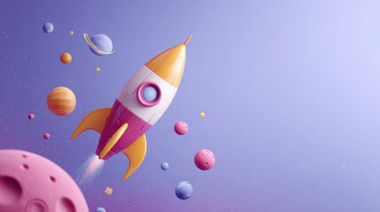 Cosmic Ascent: A vibrant rocket ship streaks across a captivating, dreamlike space, surrounded by celestial bodies like planets. An illustration depicting innovation. 