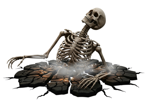 A skeletal figure rests slumped in a cracked, parched earth surface, emitting an aura of despair and mortality.