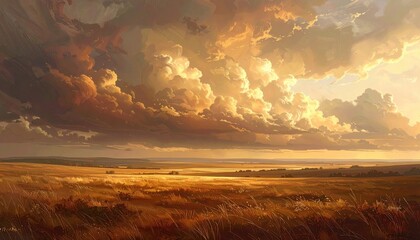 Golden fields stretch under a dramatic, cloudy sunset sky. Warm light illuminates the landscape in a painterly, impressionistic style