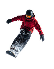 Snowboarder in red jacket, black helmet, and goggles executes a mid-air maneuver, splashing snow
