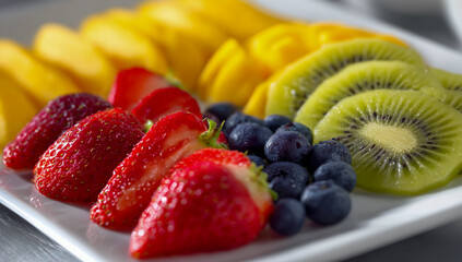 Freshly sliced assortment of tropical fruits and berries on a white platter