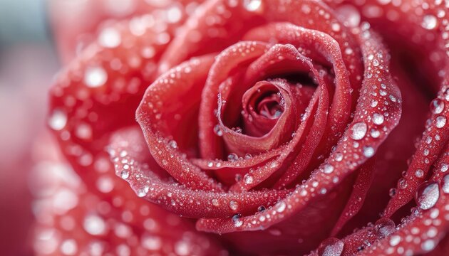 Close-up of a vibrant red rose covered in dew drops (2)