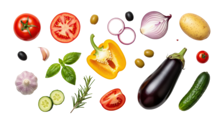 Vibrant fresh produce & spices, flat lay, transparent background w/ diffuse shadows & ample copy space. Red tomato, yellow bell pepper, olives, basil, garlic, rosemary. Concept of healthy organic