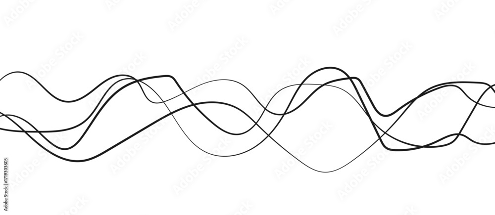 Poster abstract black thin wave lines flowing smoothly across a clean white background in a minimalist vect