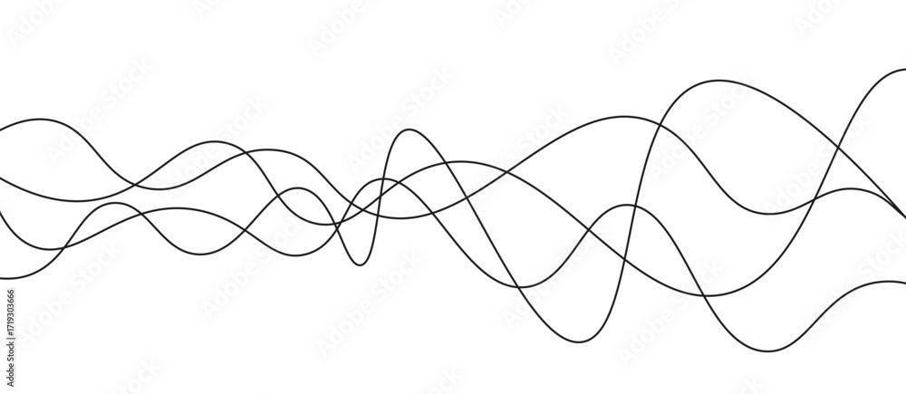 Poster abstract black thin wave lines flowing smoothly across a clean white background in a minimalist vect