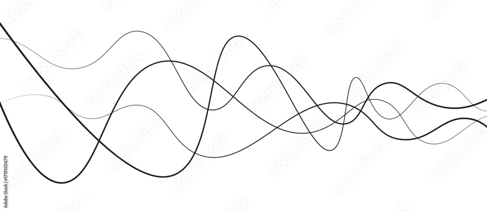 Poster abstract black thin wave lines flowing smoothly across a clean white background in a minimalist vect