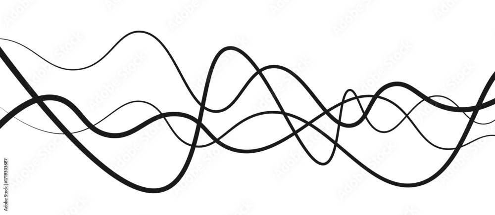 Poster abstract black thin wave lines flowing smoothly across a clean white background in a minimalist vect