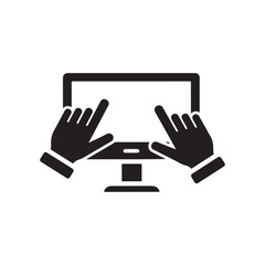 Minimalist Flat Design Icon of Hands Touching Computer Monitor Display