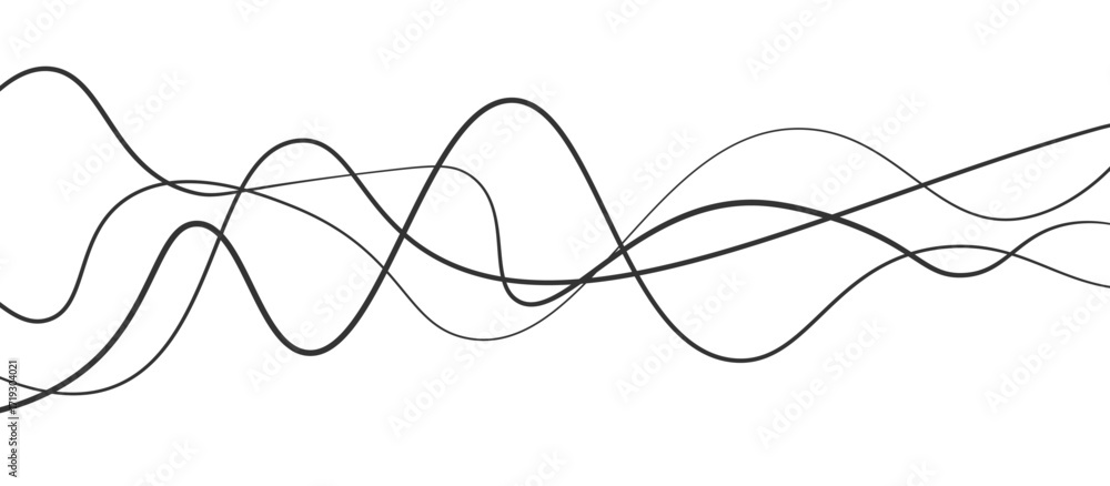 Poster abstract black thin wave lines flowing smoothly across a clean white background in a minimalist vect