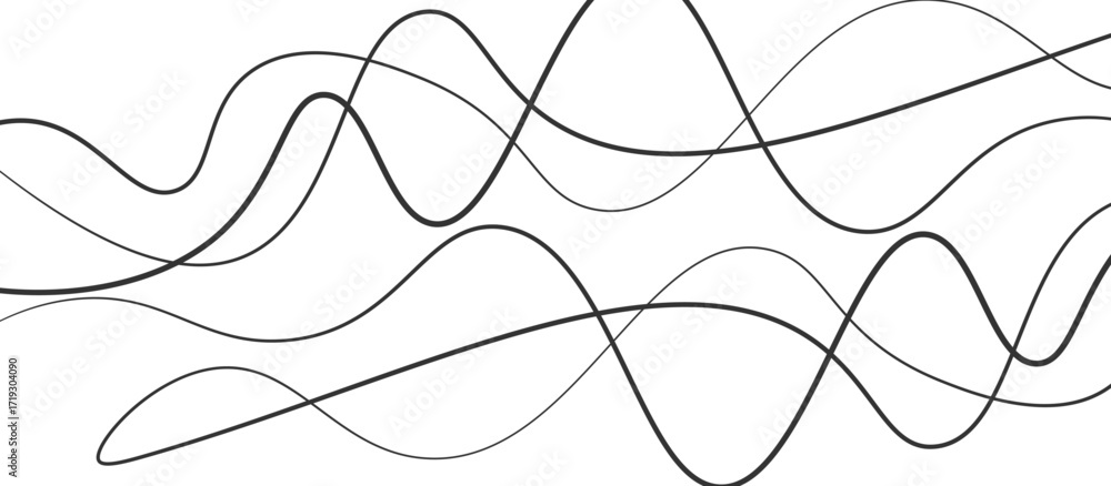 Poster abstract black thin wave lines flowing smoothly across a clean white background in a minimalist vect