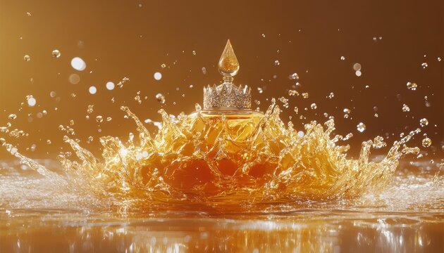 Golden perfume bottle erupts in liquid splash