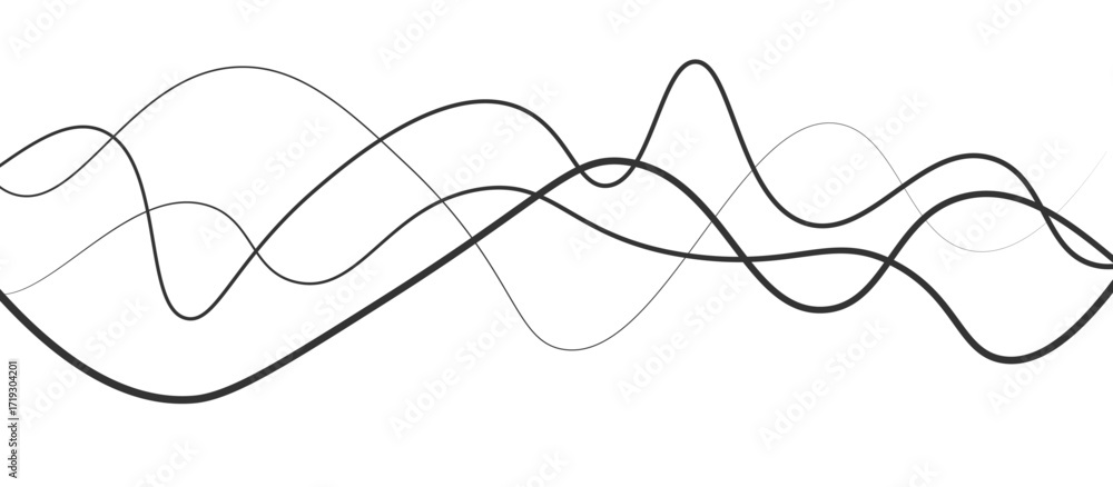 Poster abstract black thin wave lines flowing smoothly across a clean white background in a minimalist vect