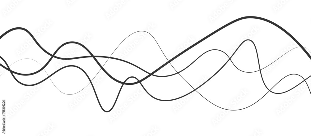 Poster abstract black thin wave lines flowing smoothly across a clean white background in a minimalist vect