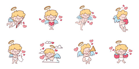 Fototapeta premium Vector set of cute colorful cupids stickers with hearts. Small angels with wings bow heart hunters fly in the sky. Sticker collection of various angels or cupids printable template 