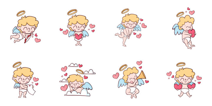Vector set of cute colorful cupids stickers with hearts. Small angels with wings bow heart hunters fly in the sky. Sticker collection of various angels or cupids printable template 