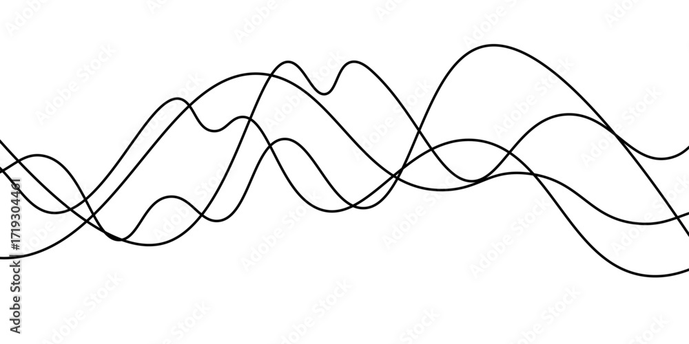 Poster abstract black thin wave lines flowing smoothly across a clean white background in a minimalist vect