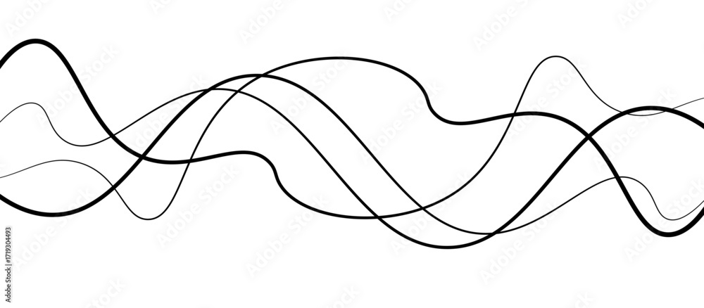 Poster abstract black thin wave lines flowing smoothly across a clean white background in a minimalist vect