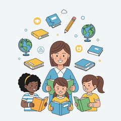 Teacher Guiding Students with Global Education Icons Illustration